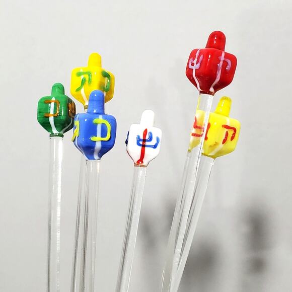 ArtGlass Dreidel Swizzle Sticks Set of 6 Hanukkah Drink Stirrers Vtg Party Décor - Picture 10 of 14